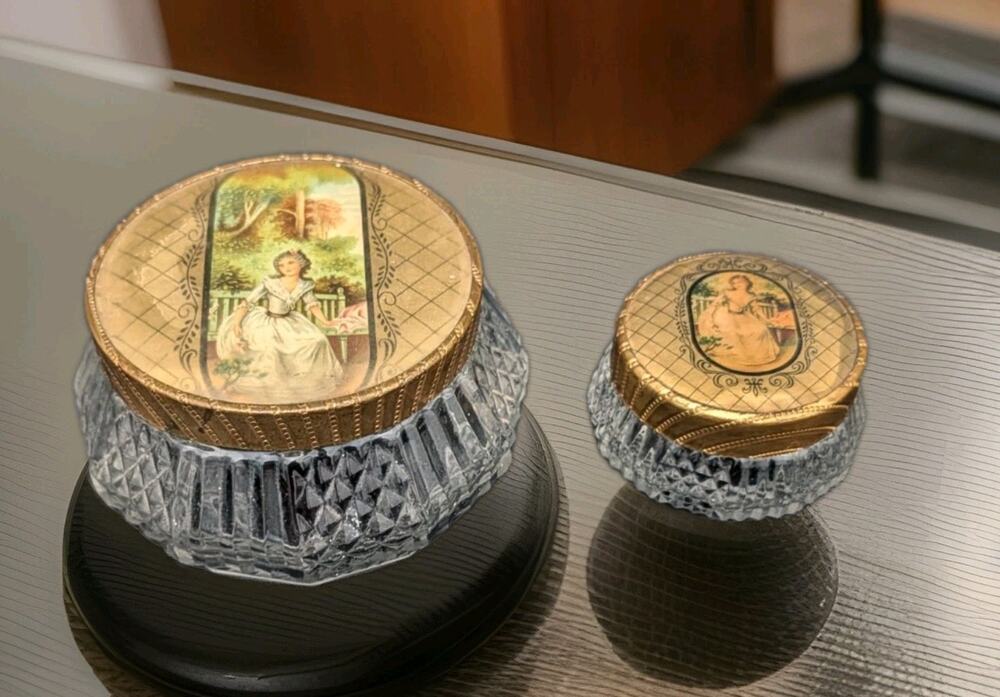 Glass Vanity Jars With Victorian Lady, Set Of 2- 4.25” Sm. 2.5" Gold Metal Lids